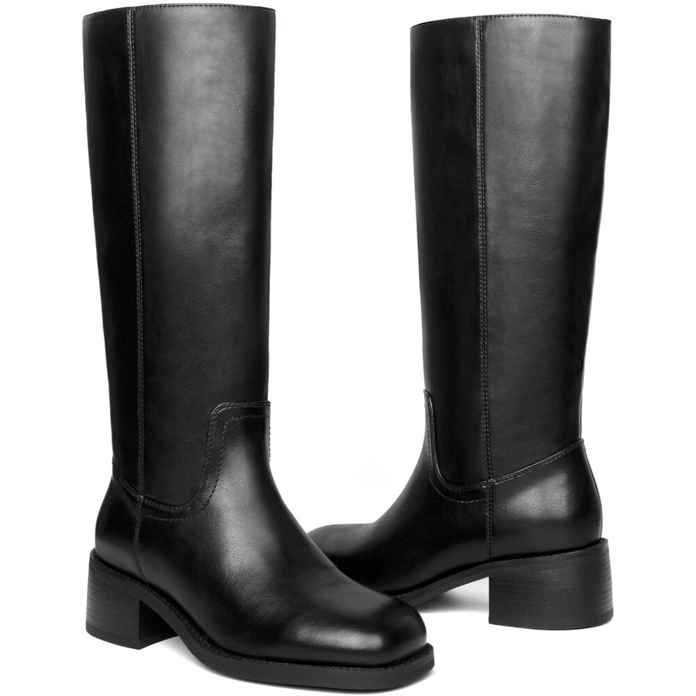 Knee High Boots Women Square Toe Chunky Block Heel Banana Campus Boot Wide Calf - Picture 6 of 6